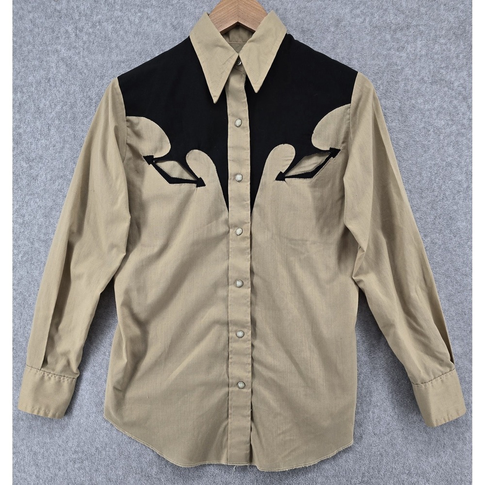 Vtg 70s Dee Cee Western Wear‎ Pearl Snap Shirt Men's 36 13/14 Tan Black Cowboy